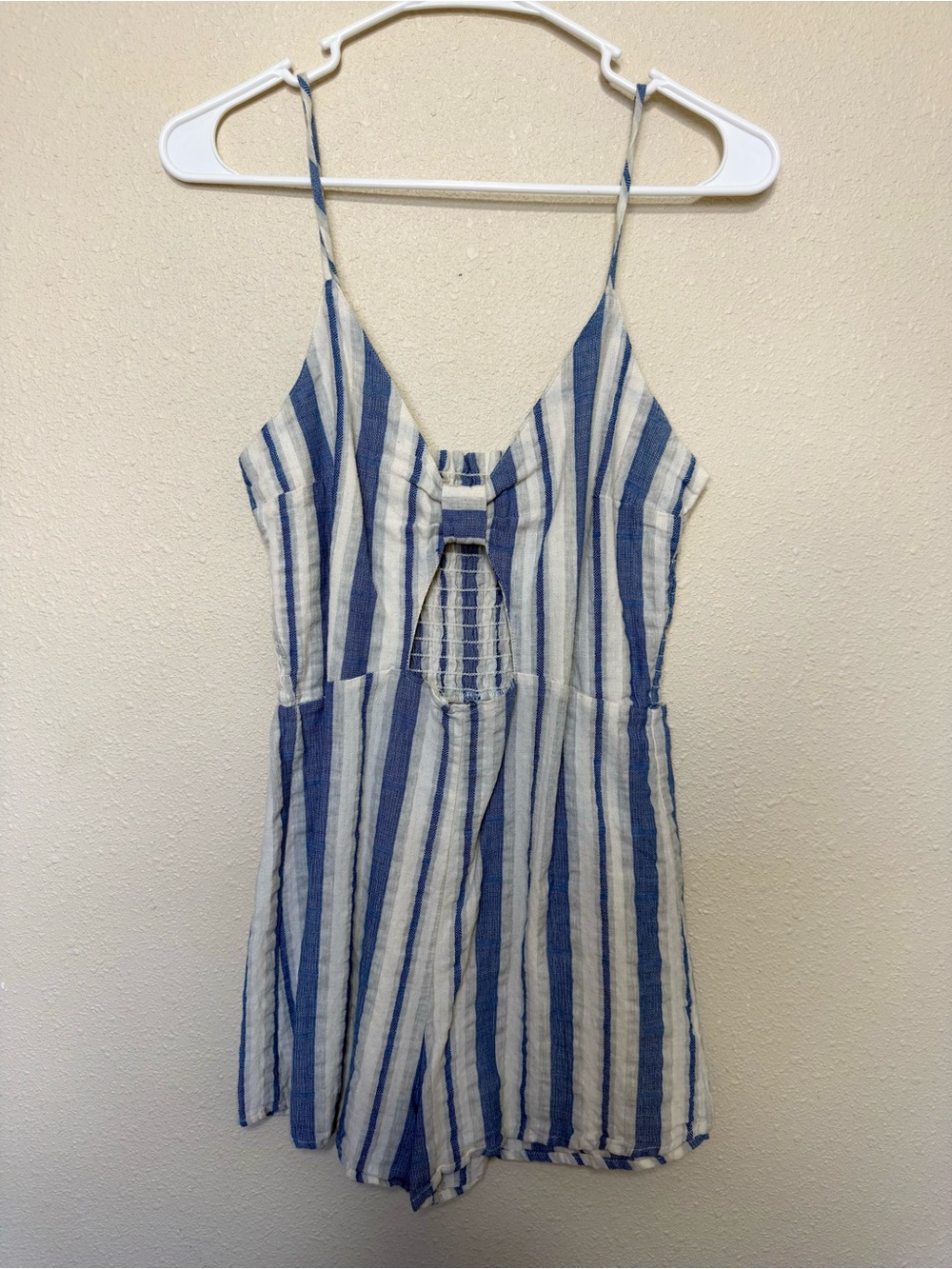 Striped Blue and White Womens Romper with Front Cutout
